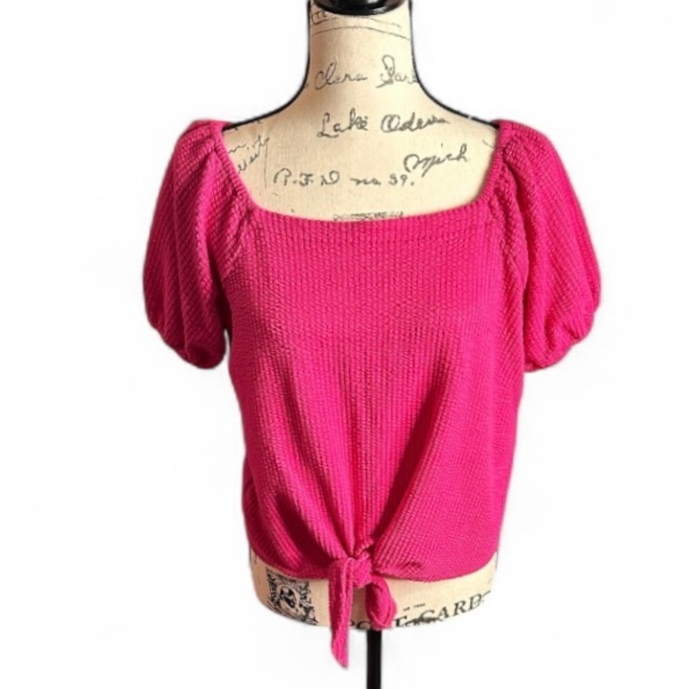 LOFT Fuchsia Puff Sleeve Tie-Front Blouse